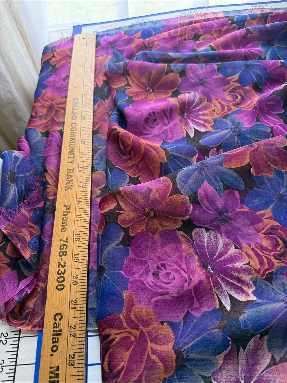 Vintage 90s Floral Chiffon Fabric 5.5 Yards Sheer Drapey Jewel Tone Floral